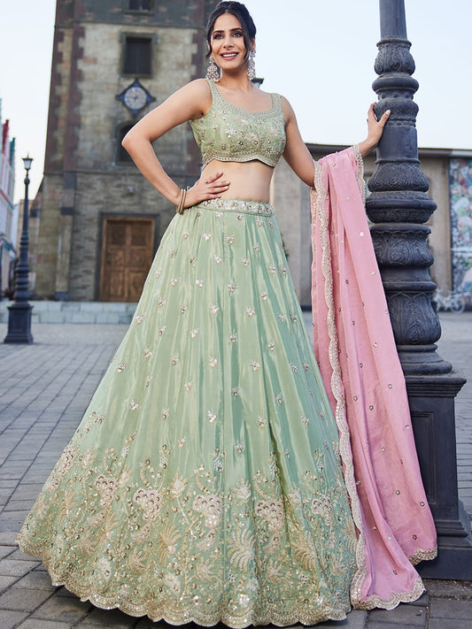 Lime green Satin Silk Sequins embroidery Semi-Stitched Lehenga choli and Dupatta