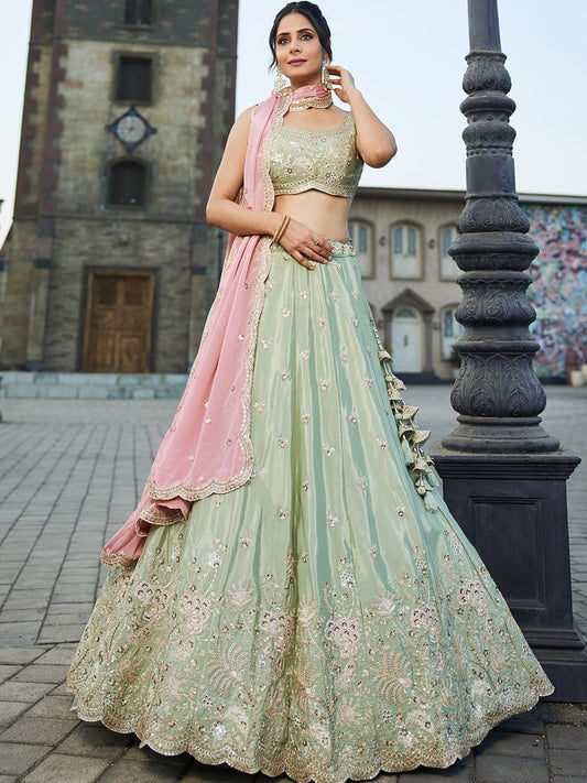 Lime green Satin Silk Sequins embroidery Semi-Stitched Lehenga choli and Dupatta