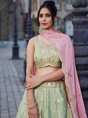 Lime green Satin Silk Sequins embroidery Semi-Stitched Lehenga choli and Dupatta