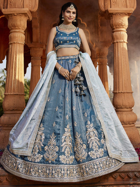 Blue Tissue Sequinse embroidery Semi-Stitched Lehenga choli and Dupatta