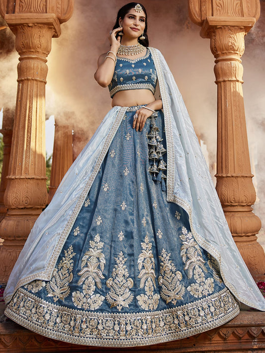 Blue Tissue Sequinse embroidery Semi-Stitched Lehenga choli and Dupatta