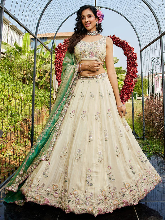 Cream colour tissue Fabric with Sequinse and Thread embroidery Semi-Stitched Lehenga choli and Dupatta