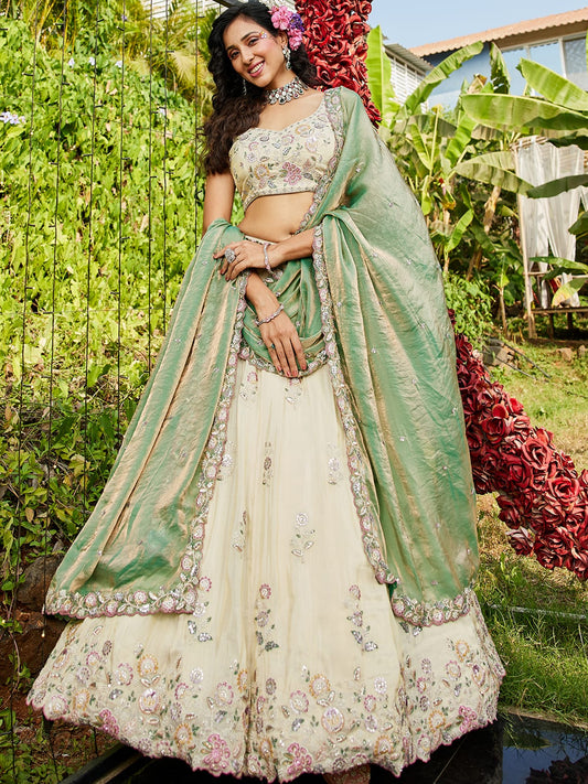Cream colour tissue Fabric with Sequinse and Thread embroidery Semi-Stitched Lehenga choli and Dupatta