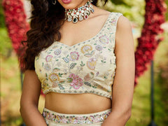 Cream colour tissue Fabric with Sequinse and Thread embroidery Semi-Stitched Lehenga choli and Dupatta