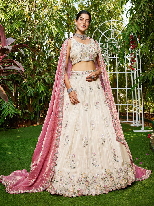 Cream colour tissue Fabric with Sequinse and Thread embroidery Semi-Stitched Lehenga choli and Dupatta
