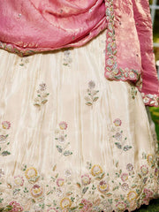 Cream colour tissue Fabric with Sequinse and Thread embroidery Semi-Stitched Lehenga choli and Dupatta