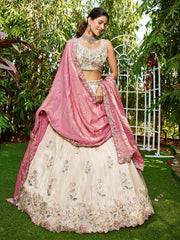 Cream colour tissue Fabric with Sequinse and Thread embroidery Semi-Stitched Lehenga choli and Dupatta