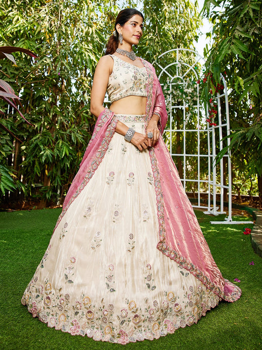 Cream colour tissue Fabric with Sequinse and Thread embroidery Semi-Stitched Lehenga choli and Dupatta