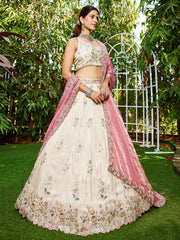 Cream colour tissue Fabric with Sequinse and Thread embroidery Semi-Stitched Lehenga choli and Dupatta