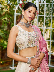 Cream colour tissue Fabric with Sequinse and Thread embroidery Semi-Stitched Lehenga choli and Dupatta