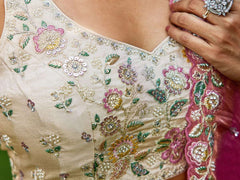 Cream colour tissue Fabric with Sequinse and Thread embroidery Semi-Stitched Lehenga choli and Dupatta