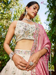 Cream colour tissue Fabric with Sequinse and Thread embroidery Semi-Stitched Lehenga choli and Dupatta