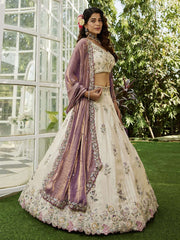 Cream colour tissue Fabric with Sequinse and Thread embroidery Semi-Stitched Lehenga choli and Dupatta