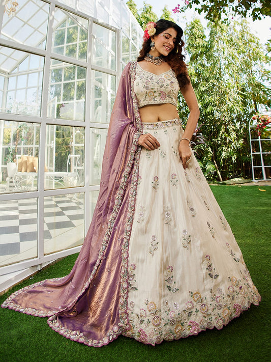 Cream colour tissue Fabric with Sequinse and Thread embroidery Semi-Stitched Lehenga choli and Dupatta