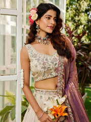 Cream colour tissue Fabric with Sequinse and Thread embroidery Semi-Stitched Lehenga choli and Dupatta