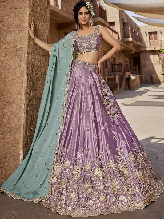Lavender Satin Silk Sequins embroidery Semi-Stitched Lehenga choli and Dupatta
