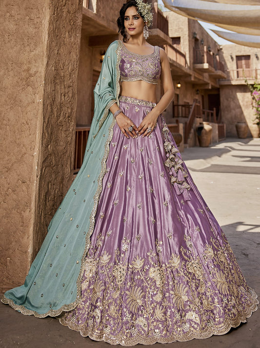 Lavender Satin Silk Sequins embroidery Semi-Stitched Lehenga choli and Dupatta