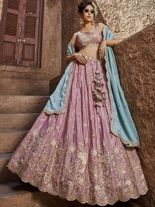 Pink Satin Silk Sequins embroidery Semi-Stitched Lehenga choli and Dupatta