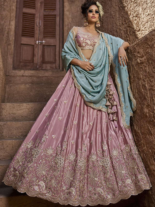 Pink Satin Silk Sequins embroidery Semi-Stitched Lehenga choli and Dupatta