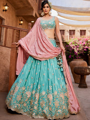 Turquoise blue Satin Silk Sequins embroidery Semi-Stitched Lehenga choli and Dupatta