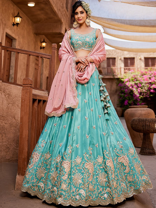 Turquoise blue Satin Silk Sequins embroidery Semi-Stitched Lehenga choli and Dupatta