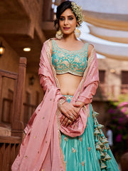 Turquoise blue Satin Silk Sequins embroidery Semi-Stitched Lehenga choli and Dupatta