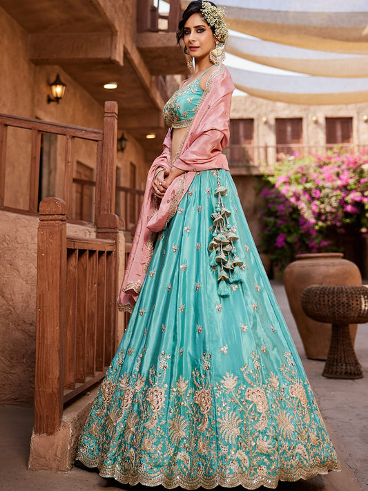 Turquoise blue Satin Silk Sequins embroidery Semi-Stitched Lehenga choli and Dupatta