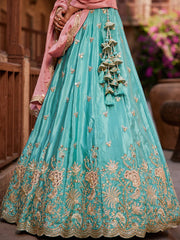 Turquoise blue Satin Silk Sequins embroidery Semi-Stitched Lehenga choli and Dupatta