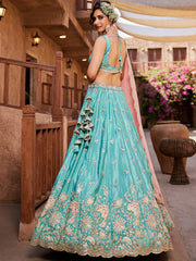 Turquoise blue Satin Silk Sequins embroidery Semi-Stitched Lehenga choli and Dupatta