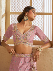 Pink Color Satin Silk Fabric Sequins embroidery Semi-Stitched Lehenga choli & Dupatta