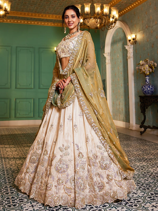 Cream colour tissue Fabric with Sequinse and Thread embroidery Semi-Stitched Lehenga choli and Dupatta