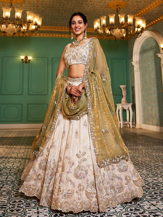 Cream colour tissue Fabric with Sequinse and Thread embroidery Semi-Stitched Lehenga choli and Dupatta