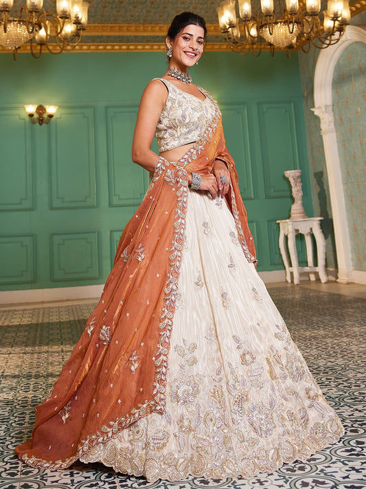 Cream colour tissue Fabric with Sequinse and Thread embroidery Semi-Stitched Lehenga choli and Dupatta