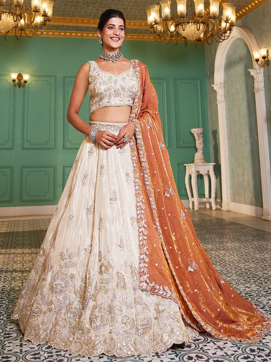 Cream colour tissue Fabric with Sequinse and Thread embroidery Semi-Stitched Lehenga choli and Dupatta