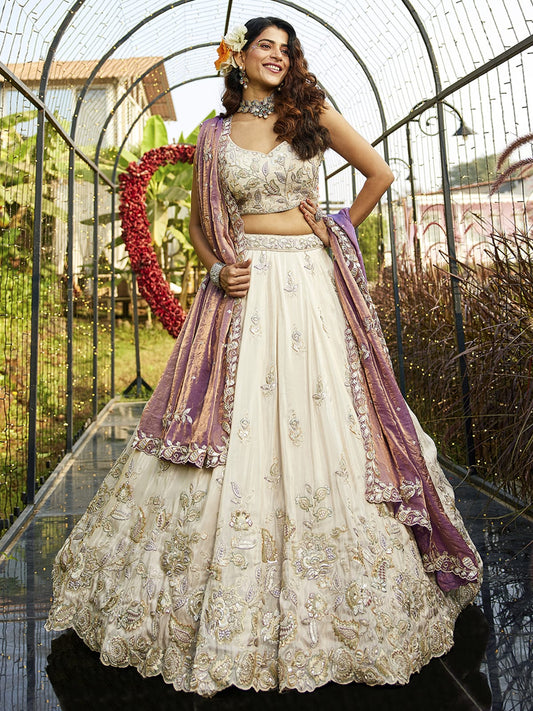 Cream colour tissue Fabric with Sequinse and Thread embroidery Semi-Stitched Lehenga choli and Dupatta