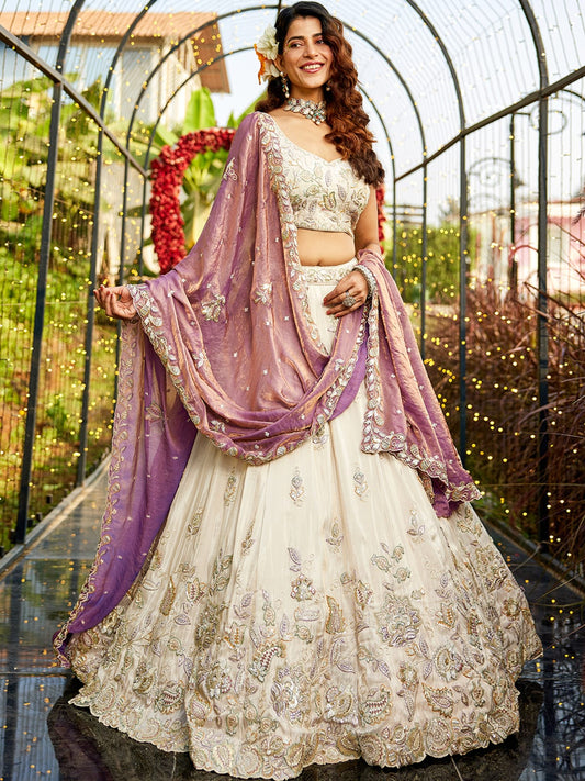 Cream colour tissue Fabric with Sequinse and Thread embroidery Semi-Stitched Lehenga choli and Dupatta