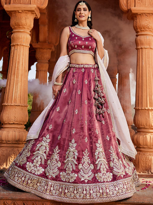 Burgundy Tissue Sequinse embroidery Semi-Stitched Lehenga choli and Dupatta