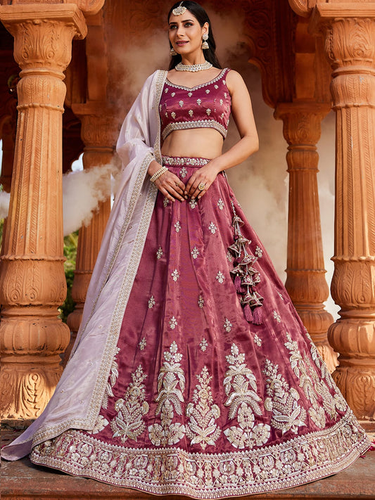Burgundy Tissue Sequinse embroidery Semi-Stitched Lehenga choli and Dupatta