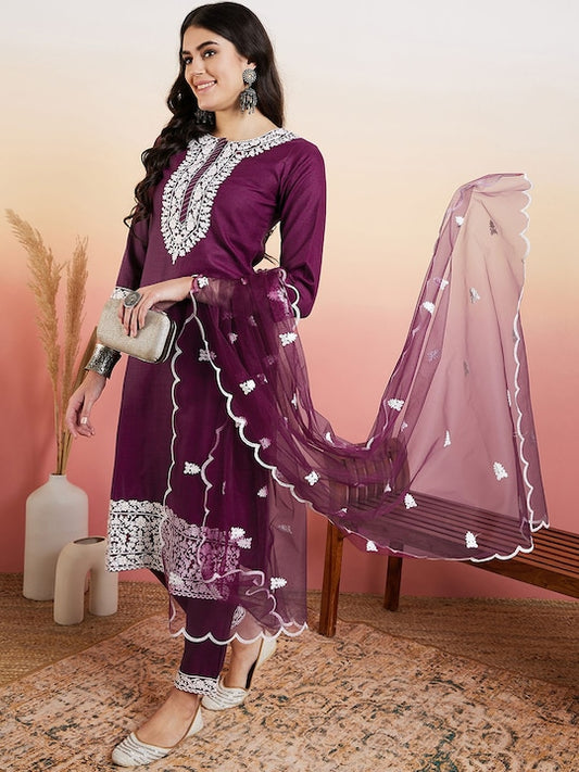 Maroon Floral Embroidered Straight Thread Work Kurta With Trousers & Dupatta