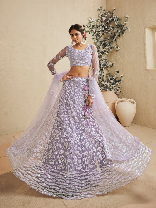 Lavender Color Net Fabric Sequins embroidery Semi-Stitched Lehenga choli & Dupatta