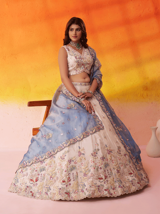 Beige Moti Work Designer Lehenga Choli with Blue Dupatta