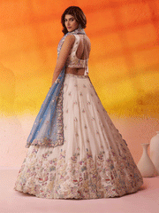 Beige Moti Work Designer Lehenga Choli with Blue Dupatta