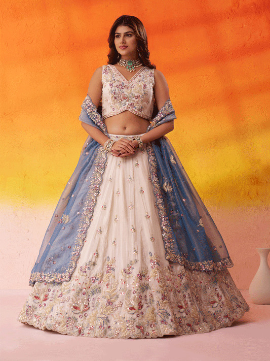 Beige Moti Work Designer Lehenga Choli with Blue Dupatta