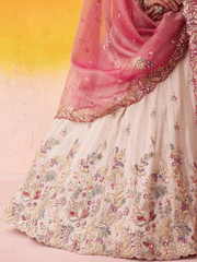 Beige Moti Work Designer Lehenga Choli with Pink Dupatta