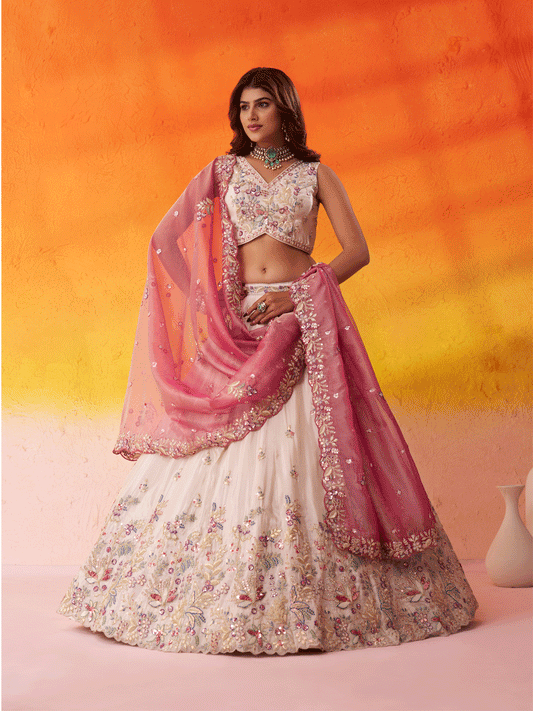 Beige Moti Work Designer Lehenga Choli with Pink Dupatta
