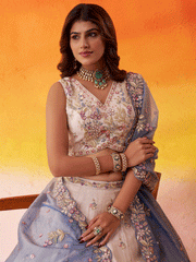 Beige Moti Work Designer Lehenga Choli with Blue Dupatta