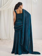 Fascinating Navy Blue Organza Silk Pre-Stitched Saree With Corset Blouse