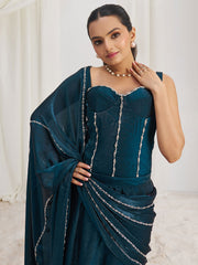 Fascinating Navy Blue Organza Silk Pre-Stitched Saree With Corset Blouse