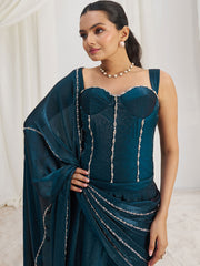 Fascinating Navy Blue Organza Silk Pre-Stitched Saree With Corset Blouse