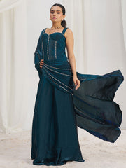 Fascinating Navy Blue Organza Silk Pre-Stitched Saree With Corset Blouse